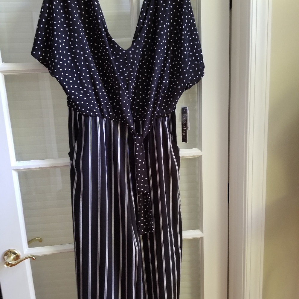 Luxology Women’s Size 16 Cropped Pant V Neck Polka Dot Strip Jumpsuit, B…